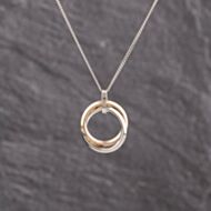 Pre-Owned 9ct Two Colour Gold Cubic Zirconia Set Double Circle Pendant & 18 Inch Curb Chain 41143298