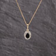 Pre-Owned 9ct Yellow Gold Diamond & 0.05ct Sapphire Oval Cluster Pendant & 18 Inch Prince Of Wales Chain 41143302