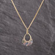 Pre-Owned 9ct Yellow Gold Multi Stone Cluster Pendant & 24 Inch Curb Chain 41143304
