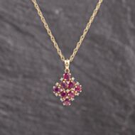 Pre-Owned 9ct Yellow Gold Diamond & Ruby Cluster Pendant & 24 Inch Prince Of Wales Chain 41143306