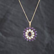 Pre-Owned 9ct Yellow Gold Amethyst & Opal Halo Cluster Pendant & 18 Inch Prince Of Wales Chain 41143398