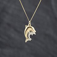 Pre-Owned 9ct Two Colour Gold Mother And Baby Dolphin Pendant & 18 Inch Curb Chain 41143422