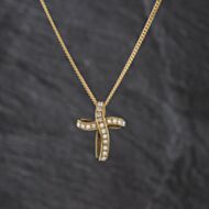 Pre-Owned 9ct Yellow Gold Cubic Zirconia Set Cross Pendant & 16 Inch Curb Chain 41143464
