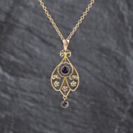 Pre-Owned Vintage Yellow Gold Amethyst & Seed Pearl Ornate Pendant & 17 Inch Trace Chain 41143496