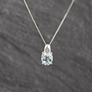 Pre-Owned 9ct White Gold Pale Aquamarine & Diamond Pendant & 18 Inch Curb Chain 41143569