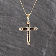 Pre-Owned 9ct Two Colour Gold Sapphire & 0.03ct Diamond Cross Pendant & 18 Inch Curb Chain 41143617