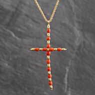 Pre-Owned Vintage 9ct Yellow Gold Coral Bead Set Cross Pendant & 18 Inch Rope Chain 41143659