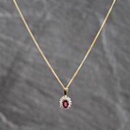 Pre-Owned 9ct Yellow Gold Ruby & 0.08ct Diamond Oval Cluster Pendant & 18 Inch Curb Chain 41143671
