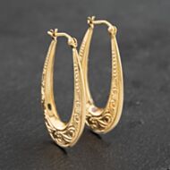 Pre-Owned 9ct Yellow Gold 34mm Large Oval Flower Patterned Creole Earrings 41173026