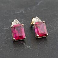 Pre-Owned 9ct Yellow Gold Ruby Synthetic Stone & 0.01ct Diamond Triangular Topped Oblong 13mm Dropper Earrings 41173156