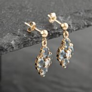 Pre-Owned 9ct Yellow Gold Aquamarine & 0.20ct Diamond Flower Cluster 20mm Dropper Earrings 41173157