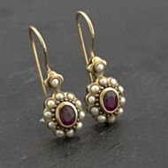 Pre-Owned 9ct Yellow Gold Ruby & Seed Pearl Oval 25.5mm Dropper Earrings 41173179