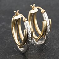 Pre-Owned 9ct Two Colour Gold 20mm Triple Row Diamond Cut Pattern Creole Earrings 41173467