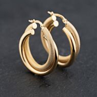 Pre-Owned 9ct Yellow Gold 30mm Double Crossover Plain & Textured Hoop Earrings 41173643