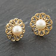 Pre-Owned Yellow Gold 11mm Cultured Pearl Openwork Stud Earrings 41174005