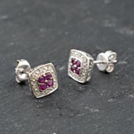 Pre-Owned White Gold Ruby & Diamond Cushion Shaped Cluster 8.5mm Stud Earrings 41174031