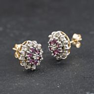 Pre-Owned 9ct Two Colour Gold Ruby & Diamond Three Tier Flower Cluster 11mm Stud Earrings 41174320