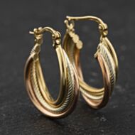 Pre-Owned 9ct Three Colour Gold Three Strand Twist 22mm Creole Earrings 41174380