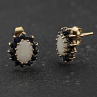 Pre-Owned 9ct Yellow Gold Sapphire & Opal Oval Cluster 11mm Stud Earrings 41174405