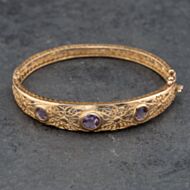 Pre-Owned 9ct Yellow Gold Amethyst Ornate Openwork Graduating Hinged Bangle 41211366