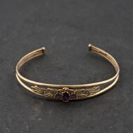 Pre-Owned 9ct Yellow Gold Amethyst Ornate Openwork Heart And Scroll Design Standard Cuff Bangle 41211421