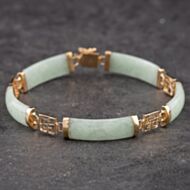 Pre-Owned 9ct Yellow Gold Jade Chinese Symbols 7.5 Inch Bracelet 41281139