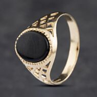 Pre-Owned 9ct Yellow Gold Onyx Oval With Cut Out Shoulders Signet Ring 41341846