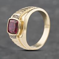 Pre-Owned 9ct Yellow Gold Synthetic Ruby Diamond College Style Signet Ring 41341952