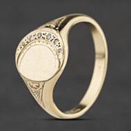 Pre-Owned 9ct Yellow Gold Diamond Oval Part Engraved Signet Ring 41342533