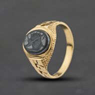 Pre-Owned 9ct Yellow Gold Hematite Oval With Chain Link Shoulders Signet Ring 41342602