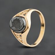 Pre-Owned 9ct Yellow Gold Hematite Oval With Open Work Shoulders Signet Ring 41342633