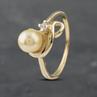 Pre-Owned 14ct Yellow Gold Cultured Pearl & Cubic Zirconia Swirl Two Stone Ring 41382707