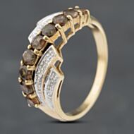 Pre-Owned 9ct Yellow Gold Smokey Quartz & Brilliant Cut Diamond Five Row Ring 41382708