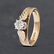 Pre-Owned Vintage 9ct Yellow Gold Brilliant Cut Diamond Bark Effect Shoulders Solitaire Ring 41382830