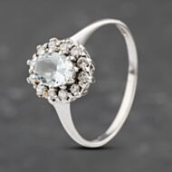 Pre-Owned Vintage 9ct White Gold Aquamarine & Diamond Oval Cluster Ring 41383056
