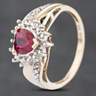 Pre-Owned 9ct Yellow Gold Synthetic Ruby & 0.03ct Diamond Heart Shape Cluster Ring 41383122