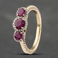 Pre-Owned 9ct Yellow Gold Ruby & 0.17ct Diamond Triple Cluster Ring 41383140