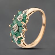 Pre-Owned 9ct Yellow Gold Emerald & Diamond Triple Cluster Ring 41383145