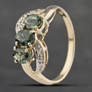 Pre-Owned 9ct Yellow Gold Green Sapphire & 0.01ct Diamond Twist Three Stone Ring 41383165