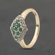 Pre-Owned 9ct Yellow Gold Emerald & Brilliant Cut Diamond Boat Shaped Cluster Ring 41383397