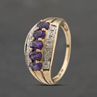 Pre-Owned 9ct Yellow Gold Amethyst & Diamond Three Row Ring 41383402