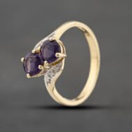Pre-Owned 9ct Yellow Gold Amethyst & 0.12ct Brilliant Cut Diamond Twist Two Stone Ring 41383531