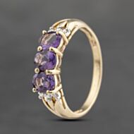 Pre-Owned 9ct Yellow Gold Amethyst & 0.02ct Brilliant Cut Diamond Set Shoulders Three Stone Ring 41383640