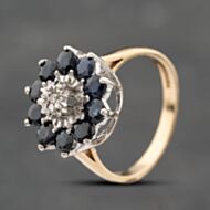 Pre-Owned 9ct Yellow Gold Sapphire & 0.10ct Brilliant Cut Diamond Flower Cluster Ring 41383764
