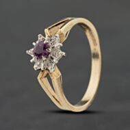 Pre-Owned 9ct Yellow Gold Ruby & 0.04ct Diamond Flower Cluster Ring 41384002