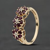 Pre-Owned 9ct Yellow Gold Ruby & 0.02ct Diamond Triple Flower Cluster Ring 41384003