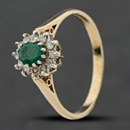 Pre-Owned 9ct Yellow Gold Emerald & 0.18ct Diamond Flower Cluster Ring 41384010