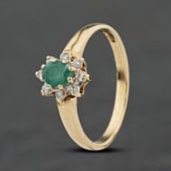 Pre-Owned 9ct Yellow Gold Emerald & 0.10ct Brilliant Cut Diamond Flower Dress Ring 41384012