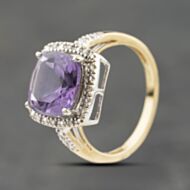 Pre-Owned 9ct Yellow Gold Amethyst & 0.07ct Brilliant Cut Diamond Cushion Cluster Ring 41384219