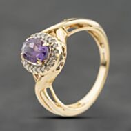 Pre-Owned 9ct Yellow Gold Amethyst & 0.13ct Brilliant Cut Diamond Open Work Shoulders Cluster Ring 41384220